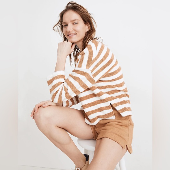 Madewell MWL Loop Terry Notched Sweatshirt Tan and White Women’s - Picture 3 of 5